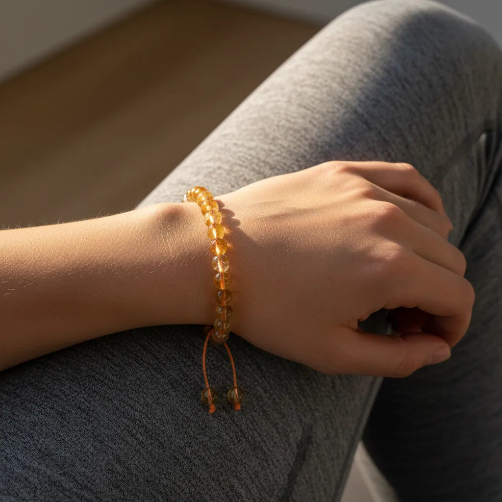 Person wearing a amber beaded bracelet on a neutral background