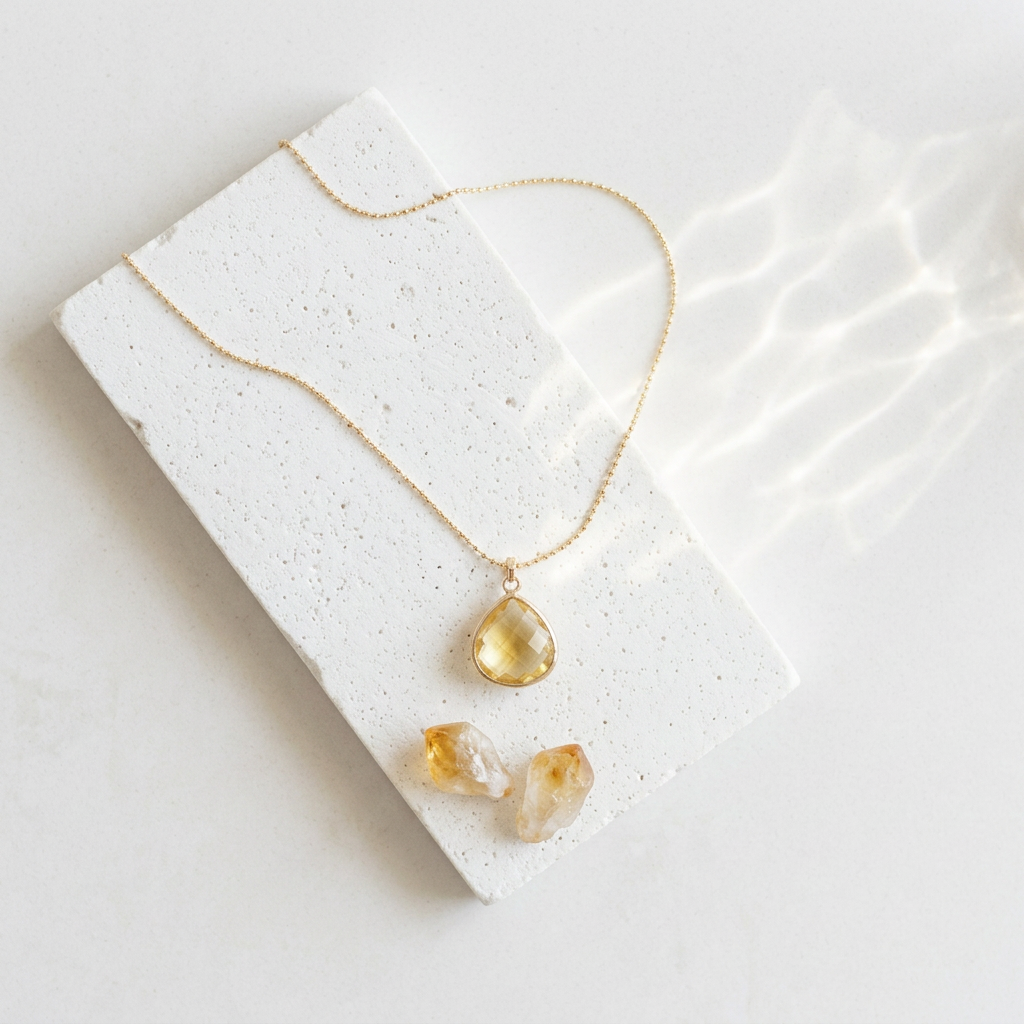 Gold Elegant Pebble necklace with citrine yellow faceted glass pendant, November birthstone colour