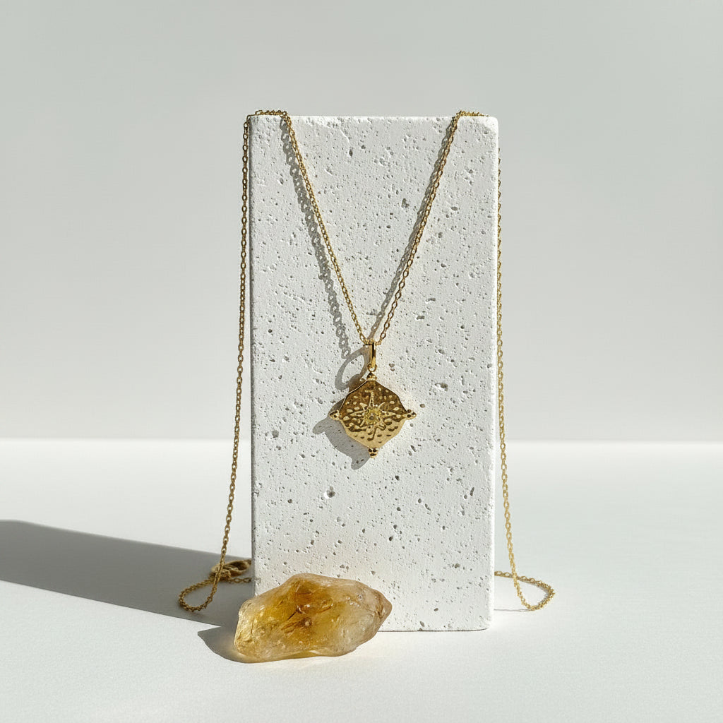 Gold hammered medallion necklace with yellow citrine CZ centre, November birthstone jewelry