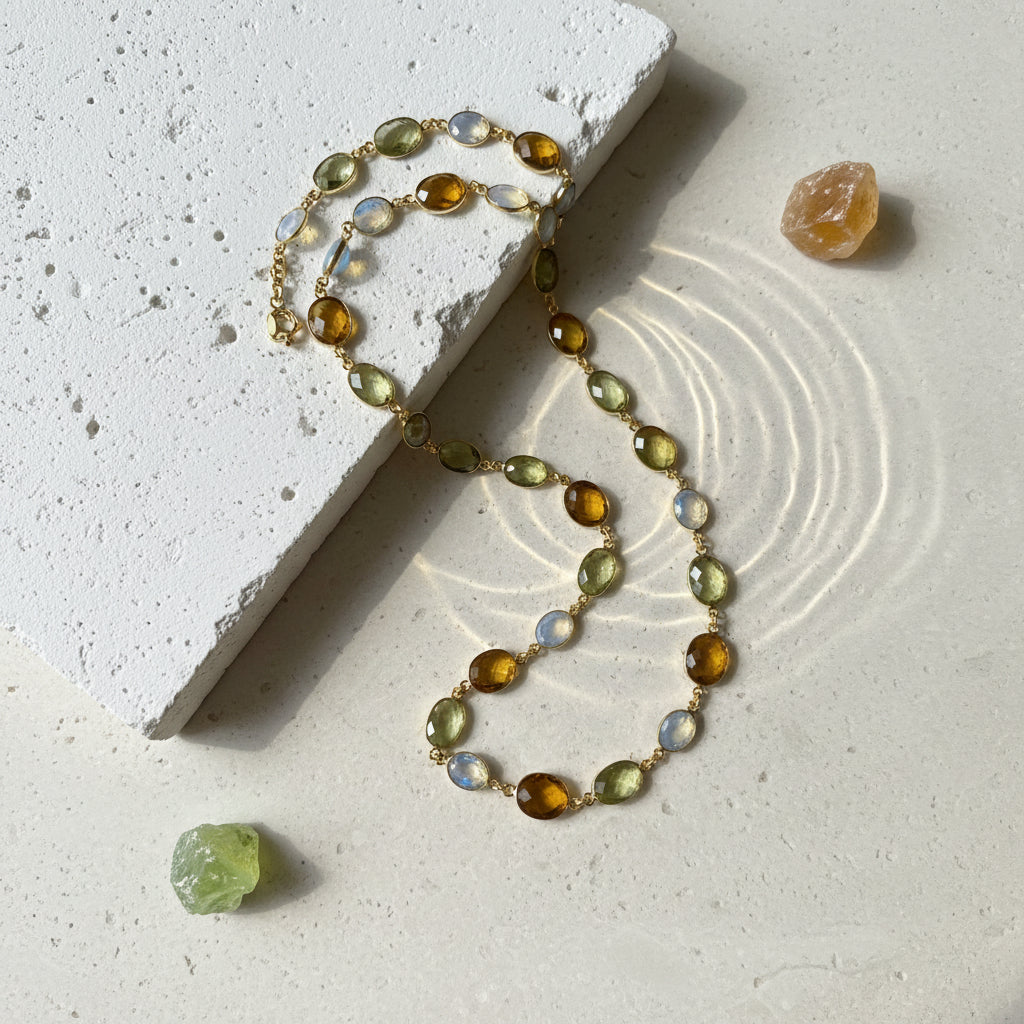 Citrine, opalite and smoky quartz bezel-set gemstone necklace in gold plate