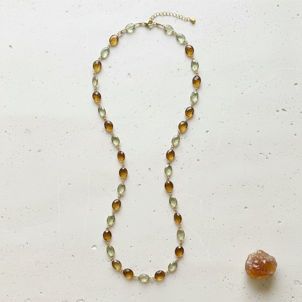 Full view of the citrine and smoky quartz bezel-set gemstone chain necklace in gold plate