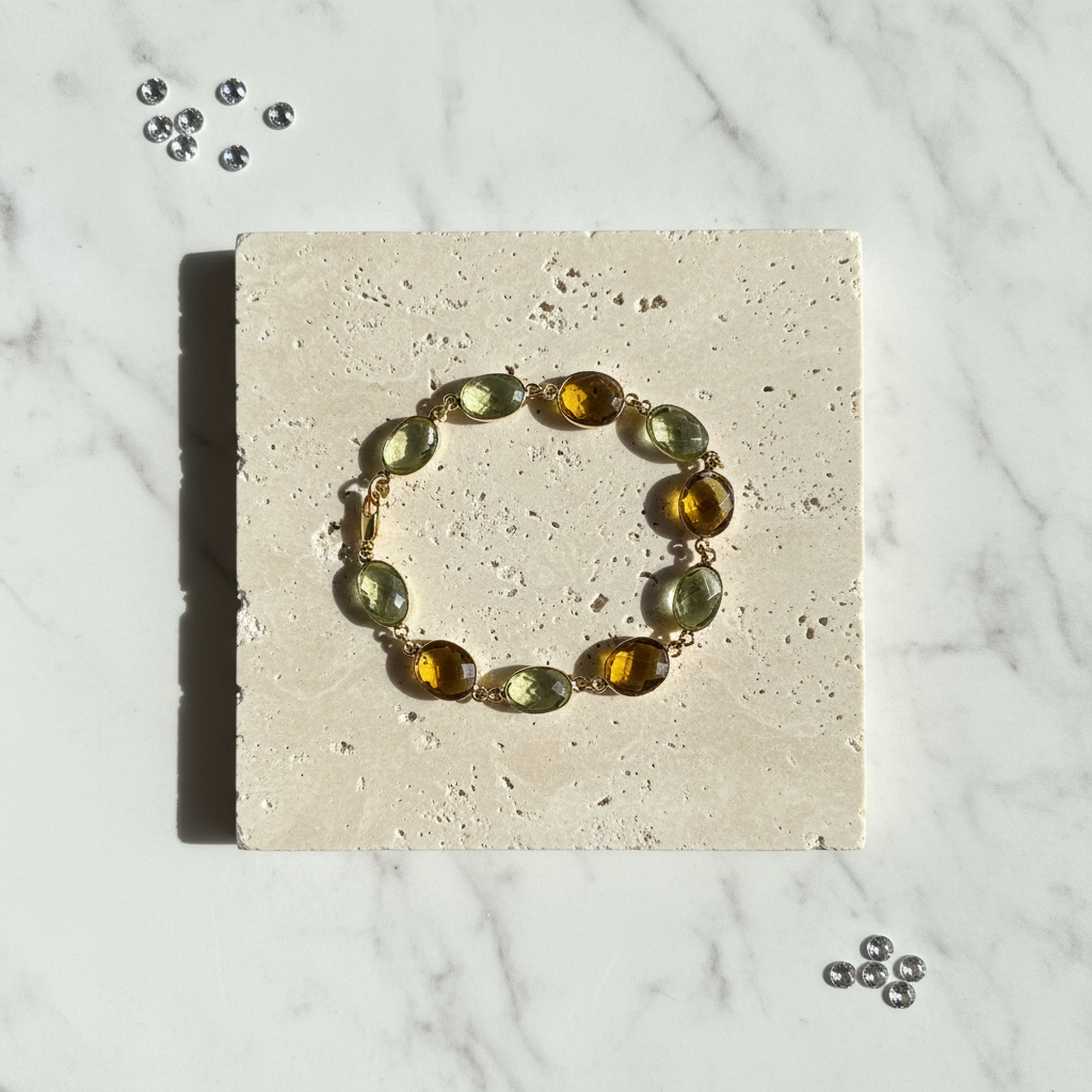 Faceted citrine and smoky quartz ovals, close detail — genuine gemstone bracelet