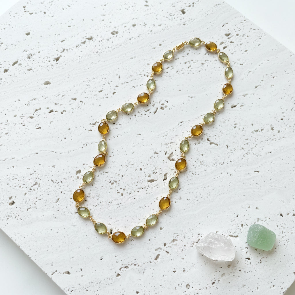 Citrine and smoky quartz bezel-set gemstone chain necklace, November birthstone jewelry