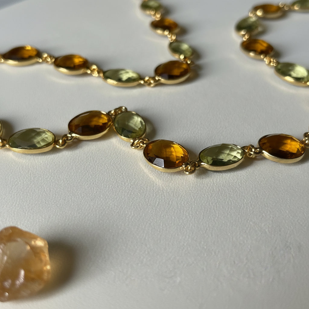 Faceted citrine and smoky quartz oval links, close detail on a gold-plated bezel chain necklace