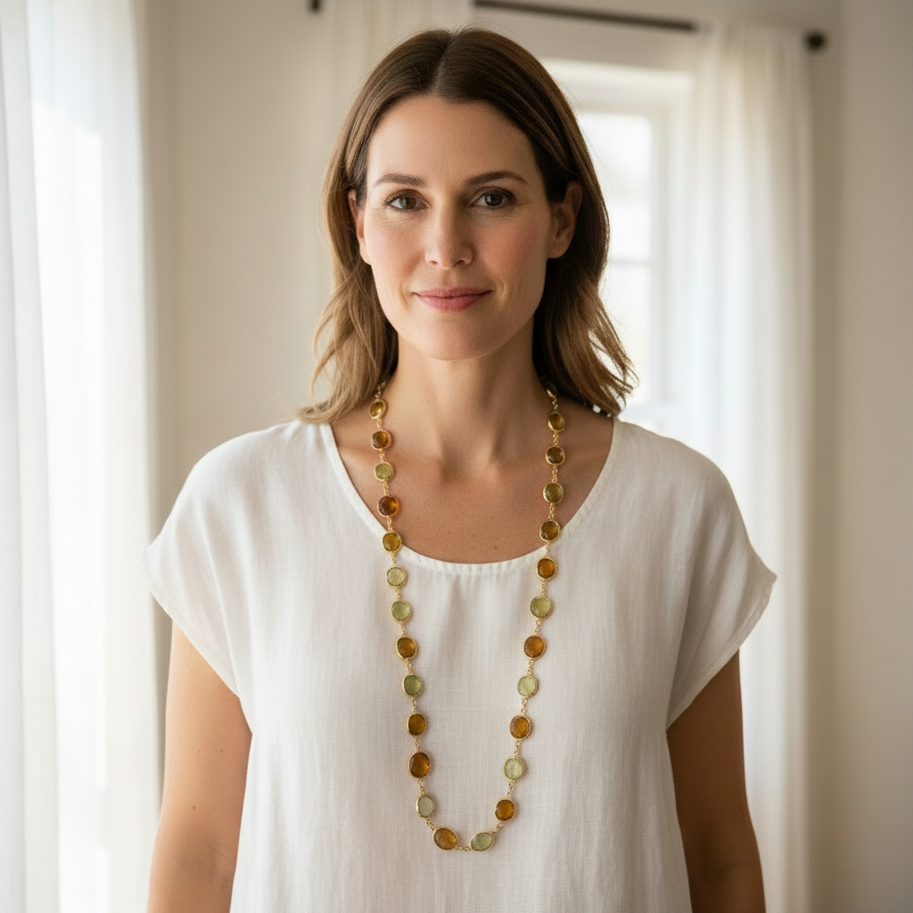 Bezel-set citrine, smoky quartz and opalite oval gemstone chain necklace, November birthstone jewelry