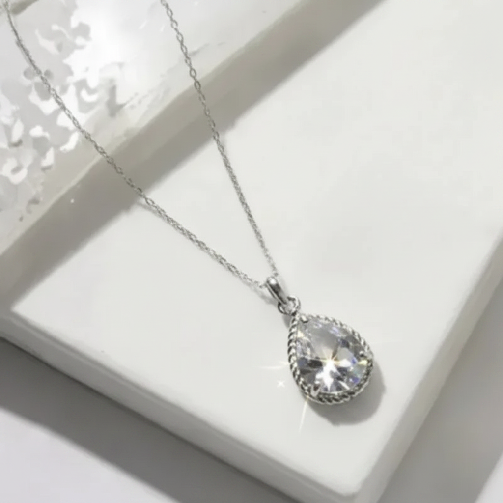 Clear exquisite teardrop pendant necklace in silver, April birthstone jewelry