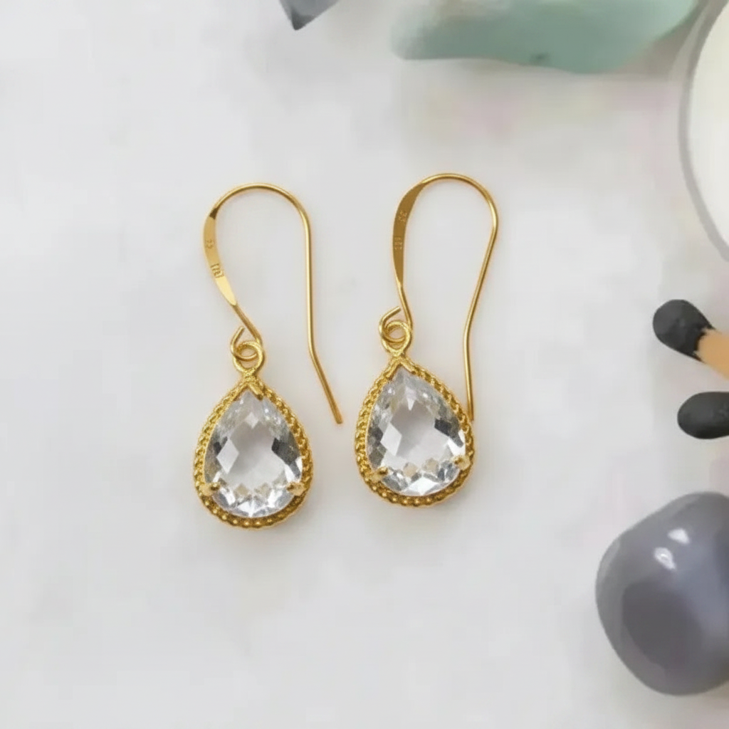 Clear exquisite teardrop earrings in gold, April birthstone jewelry