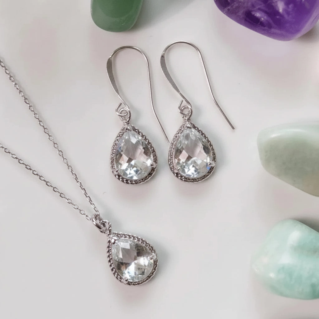 Silver dusk exquisite grey teardrop necklace and earring set — celestial jewelry for calm