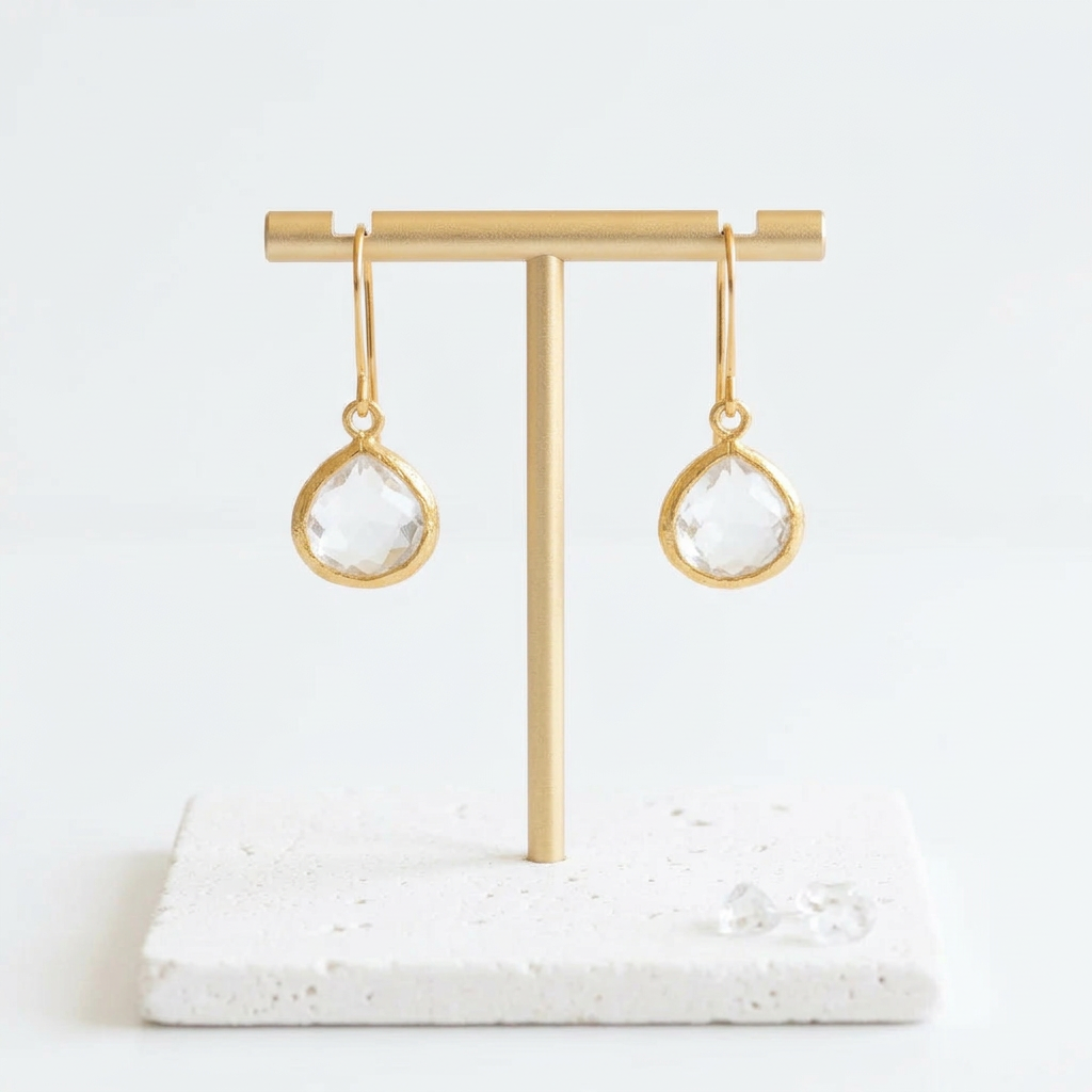 Gold Mini Pebble drop earrings in clear faceted glass