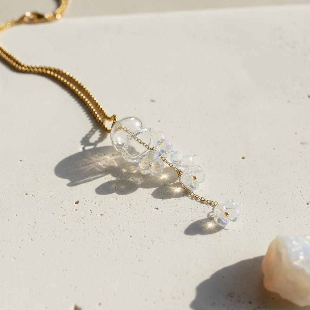 Clear glass jellyfish pendant necklace with gold cascading florets