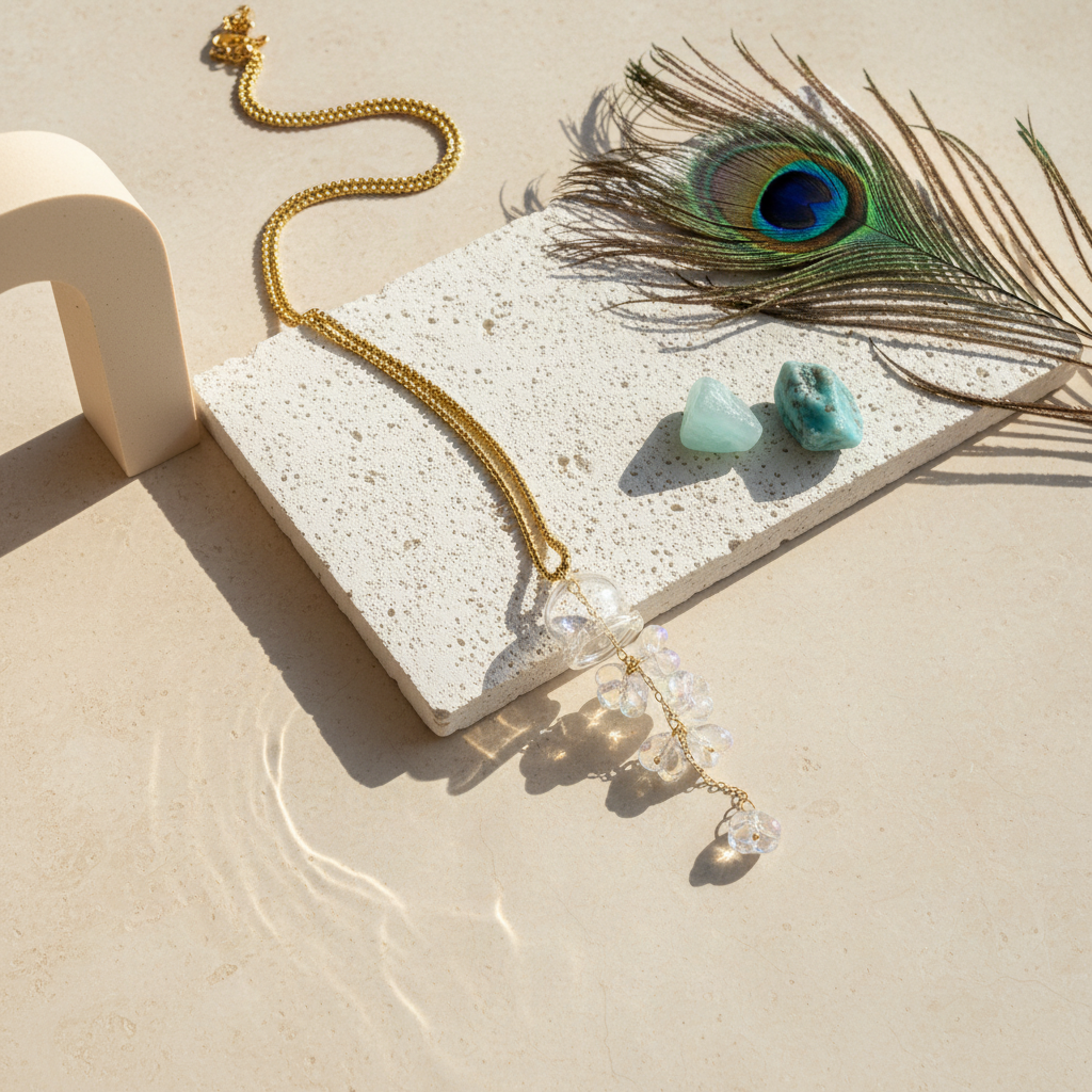 Clear glass jellyfish pendant necklace on a gold chain, flat lay