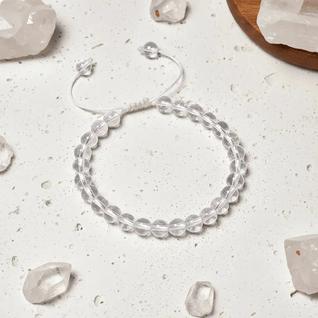 Clear Quartz bead Crown Chakra bracelet for clarity and alignment, sourced by Mystic Soul Jewelry