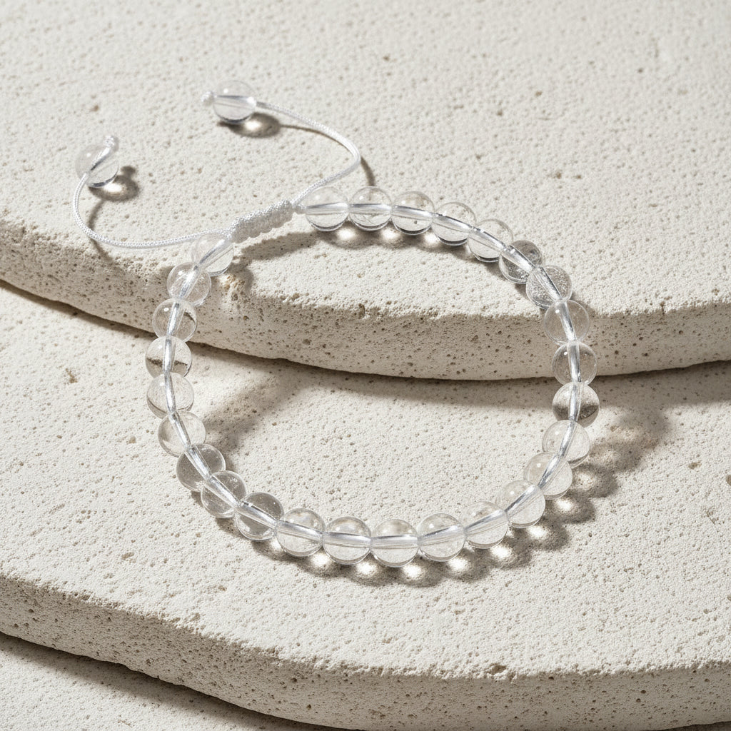 Clear Quartz Crown Chakra bracelet on intention card for mental clarity and energy alignment