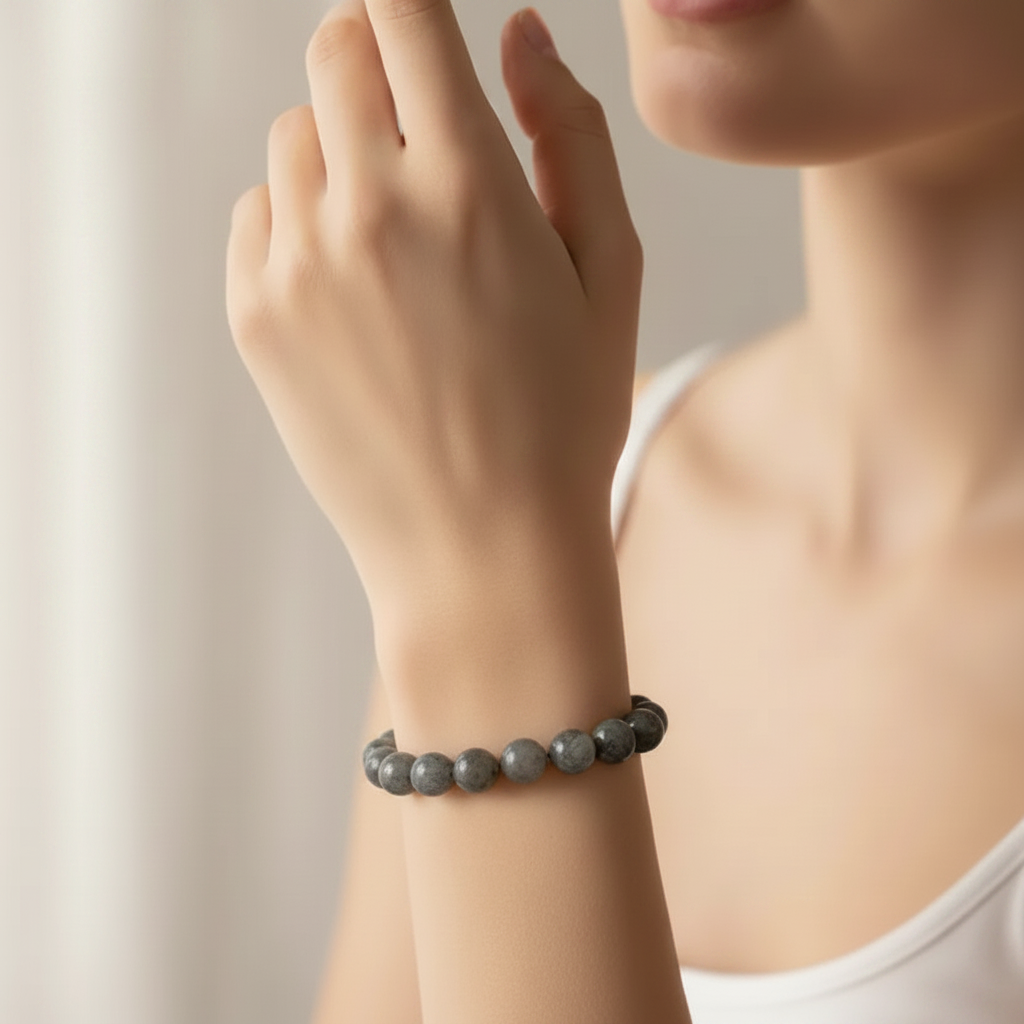 Labradorite 8mm bead bracelet on an adjustable macramé cord — metal-free crystal jewelry
