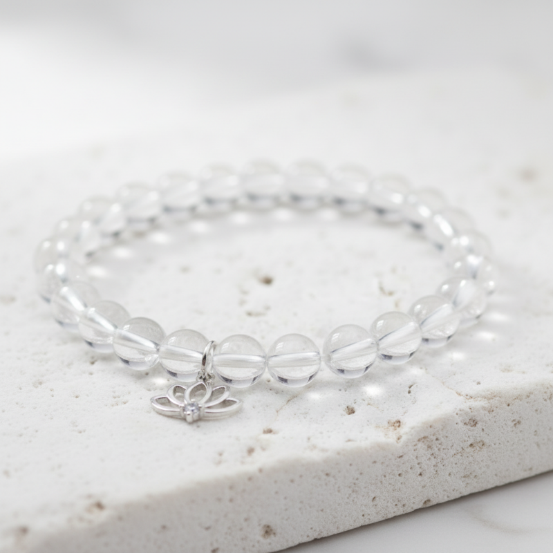 Clear quartz bracelet with a silver lotus charm — add-on symbol charm for renewal