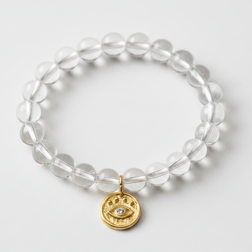 Clear quartz bracelet with a gold third eye charm — add-on symbol charm for intuition