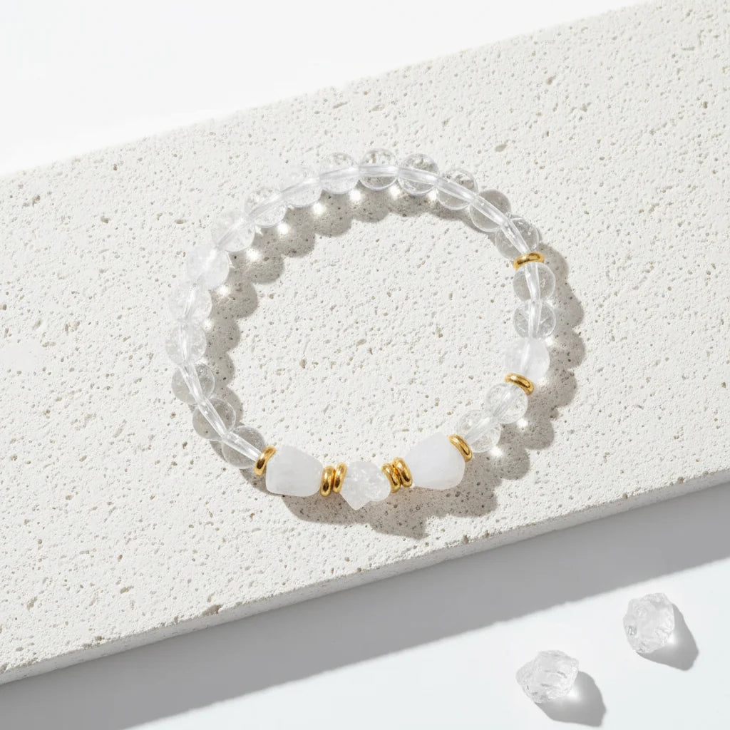 Clear quartz raw nugget stretch bracelet with 8 mm rough translucent stone beads