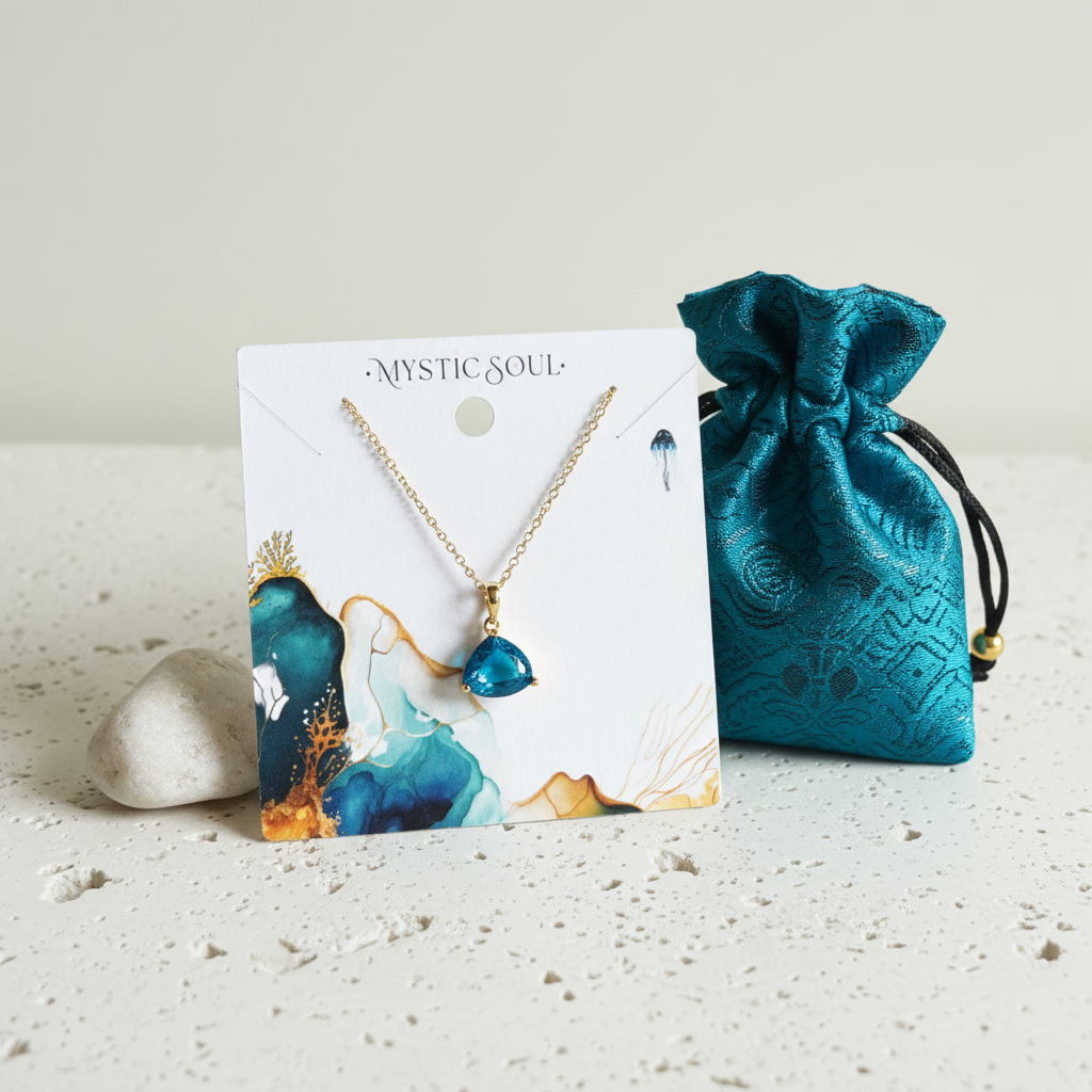 Gold Cleo pyramid necklace in Capri blue glass with Mystic Soul Jewelry gift bag and tag