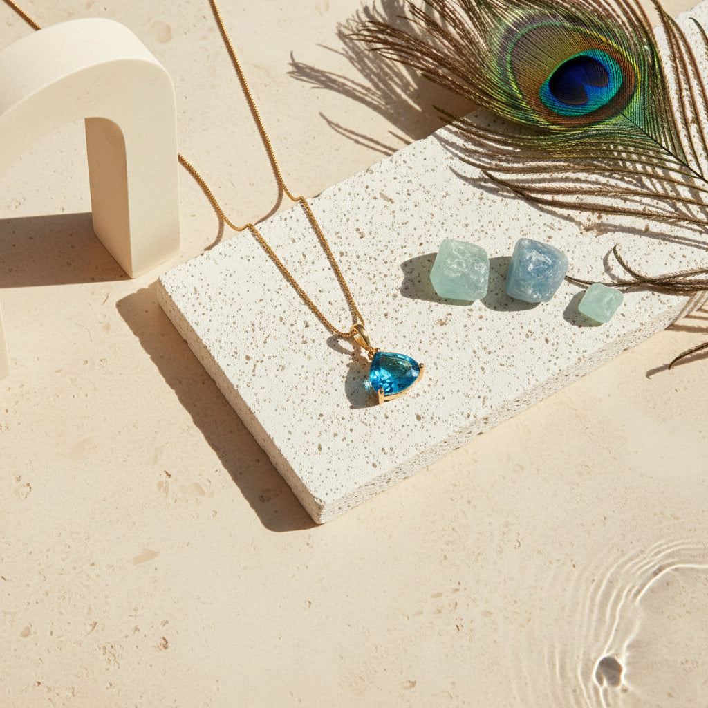 Gold Cleo pyramid necklace with Capri blue faceted glass drop