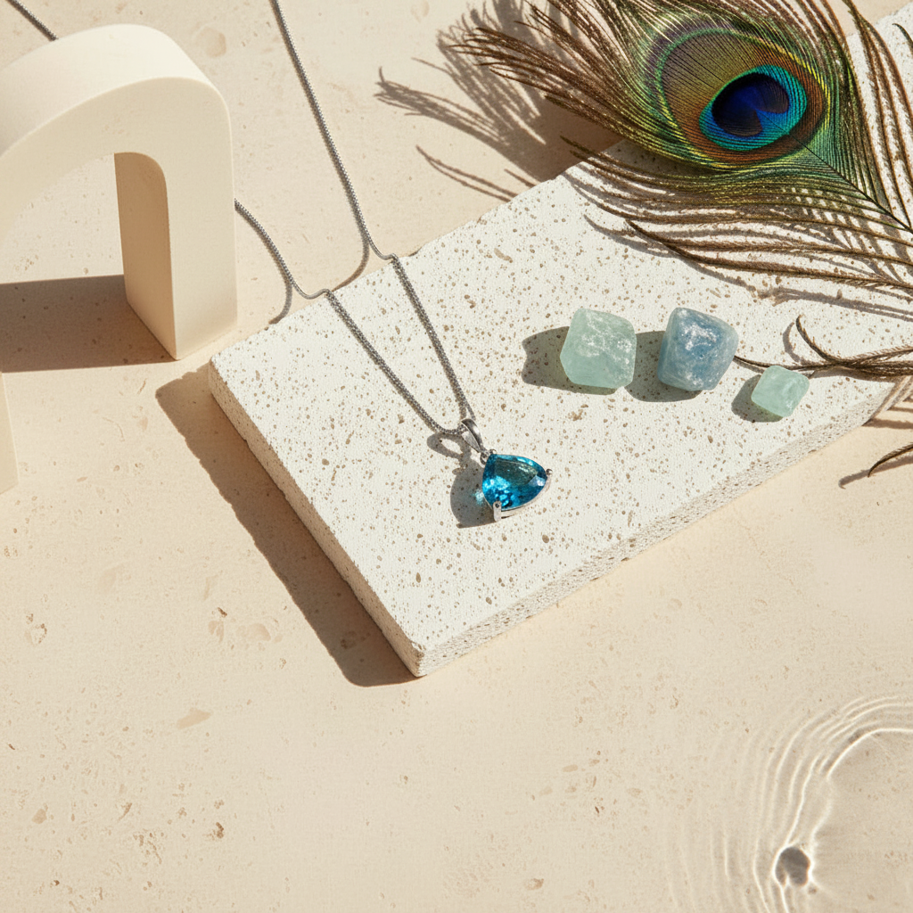 Silver Cleo pyramid necklace with Capri blue faceted glass drop