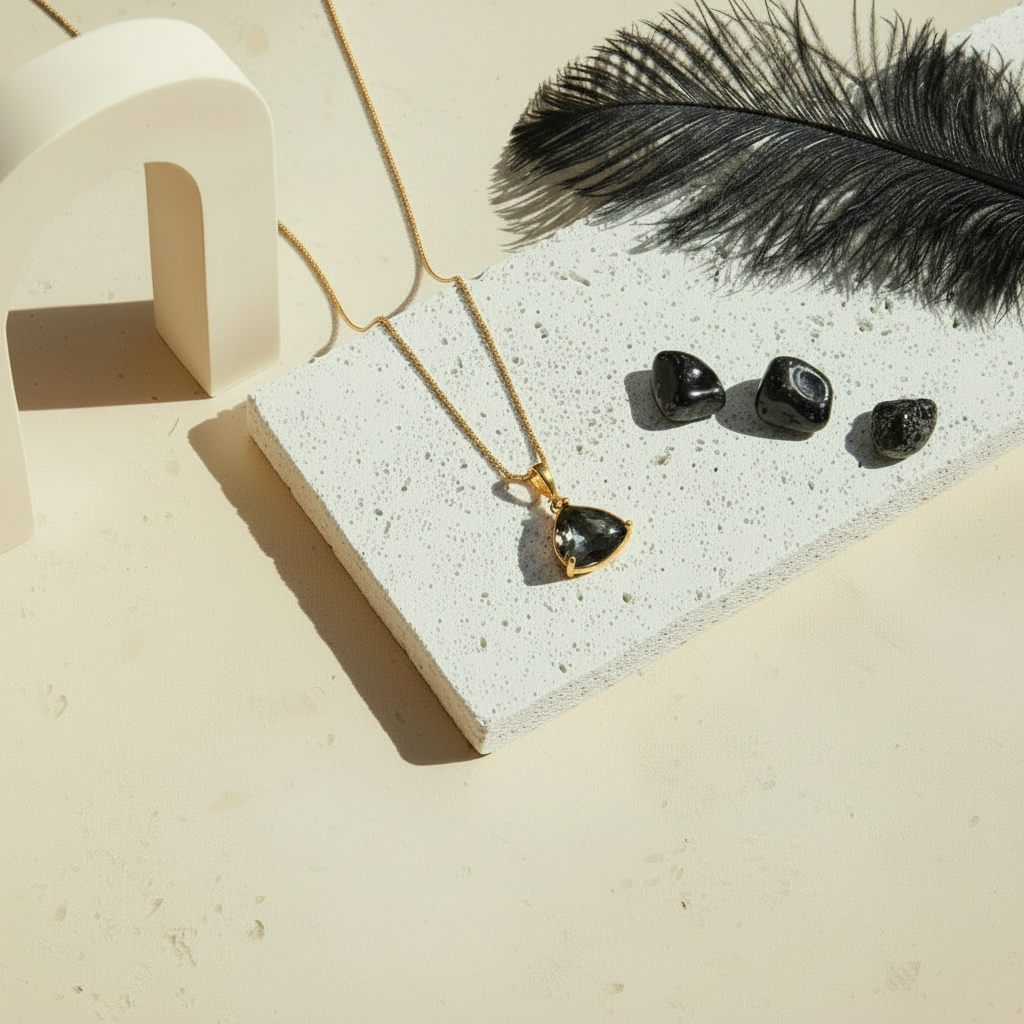 Gold Cleo pyramid necklace with smoky grey Dusk faceted glass drop