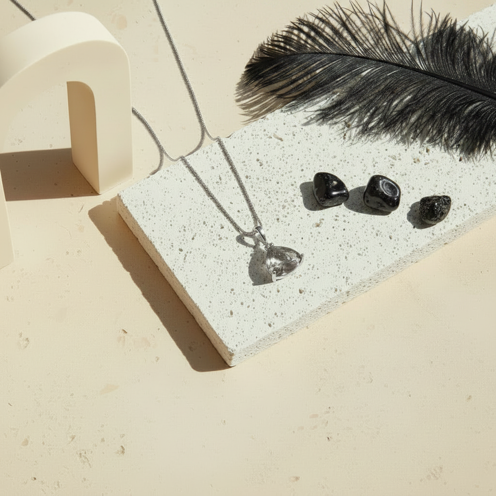 Silver Cleo pyramid necklace with smoky grey Dusk faceted glass drop