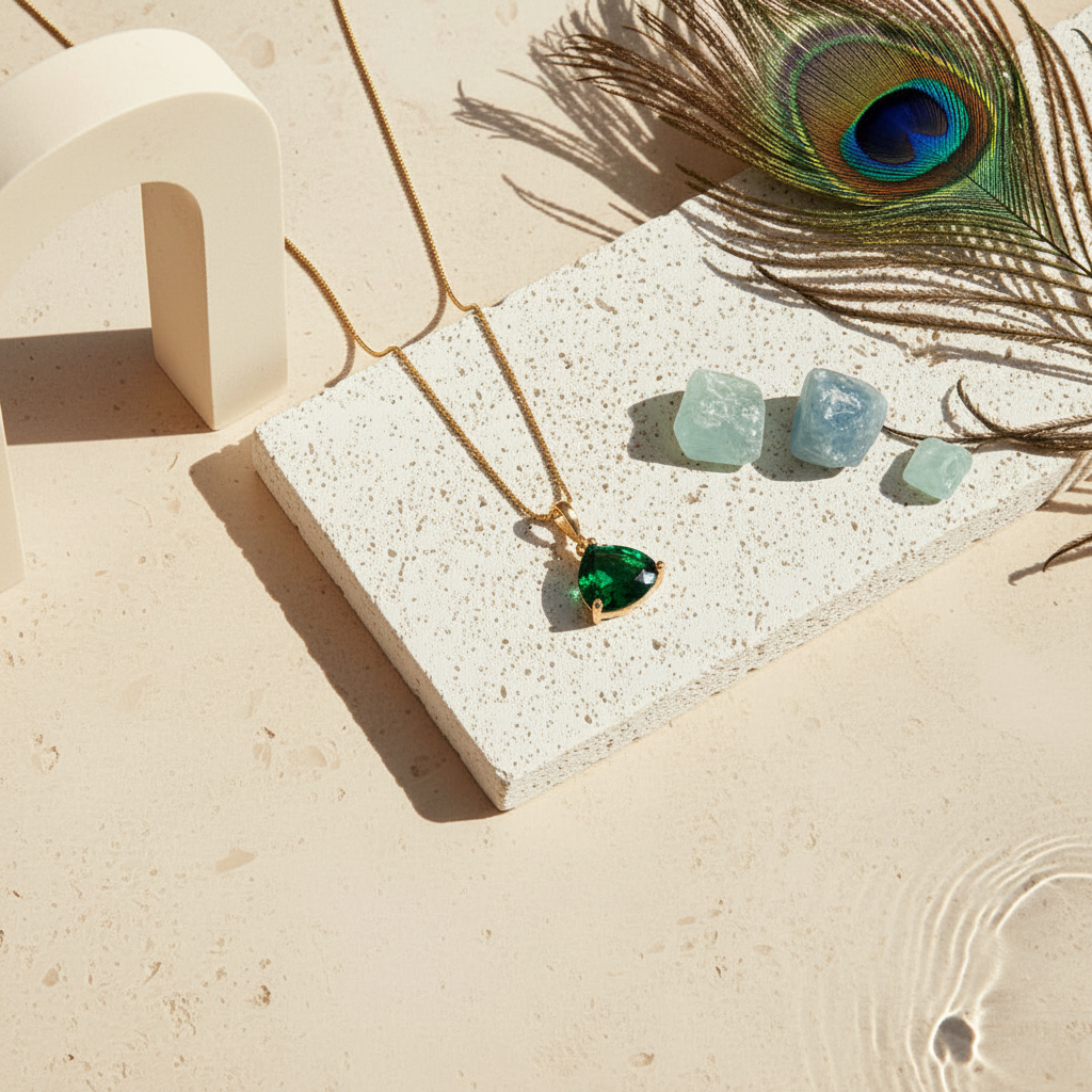 Gold Cleo pyramid necklace with emerald green glass drop on a fine chain