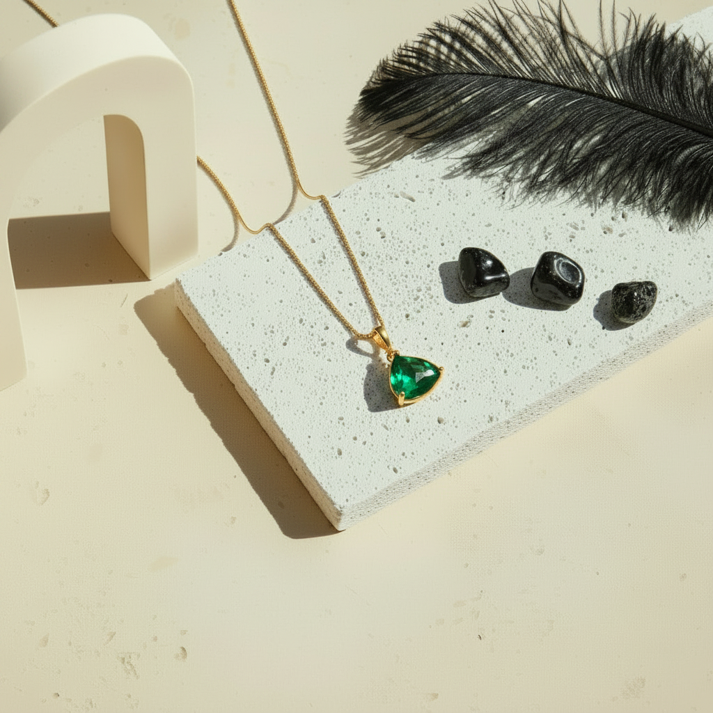 Gold Cleo pyramid necklace with emerald green faceted glass drop
