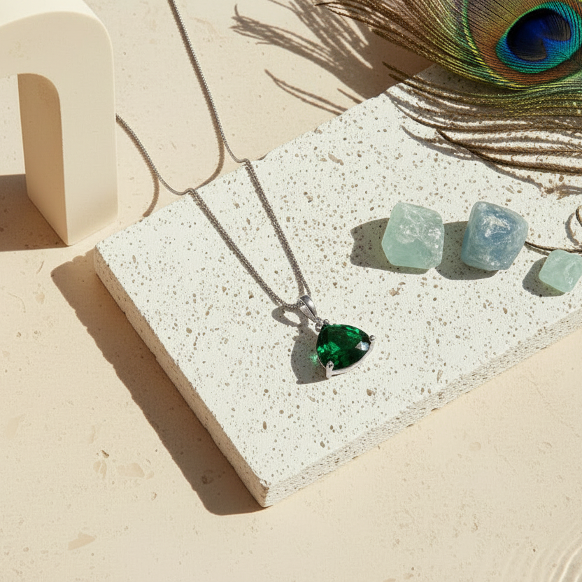 Silver Cleo pyramid necklace with emerald green faceted glass drop