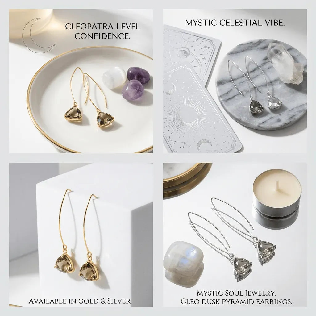 Collage of earrings with text describing a 'Mystic Celestial Vibe' and 'Cleopatra-Level Confidence'.