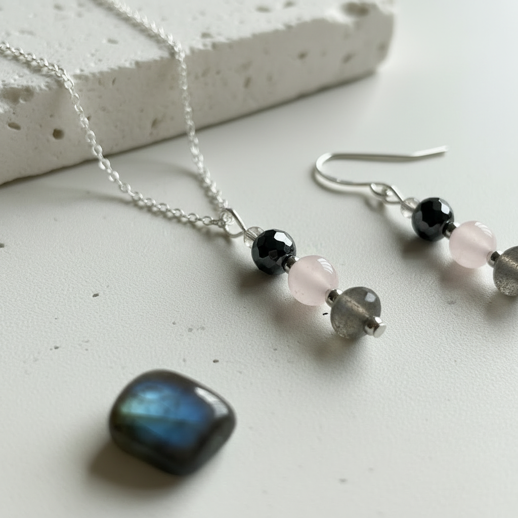Close-up of the rose quartz, pyrite and labradorite necklace and earrings showing the four-bead drop in silver plate