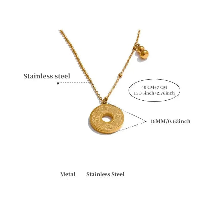 Gold necklace with detailed specifications on a white background