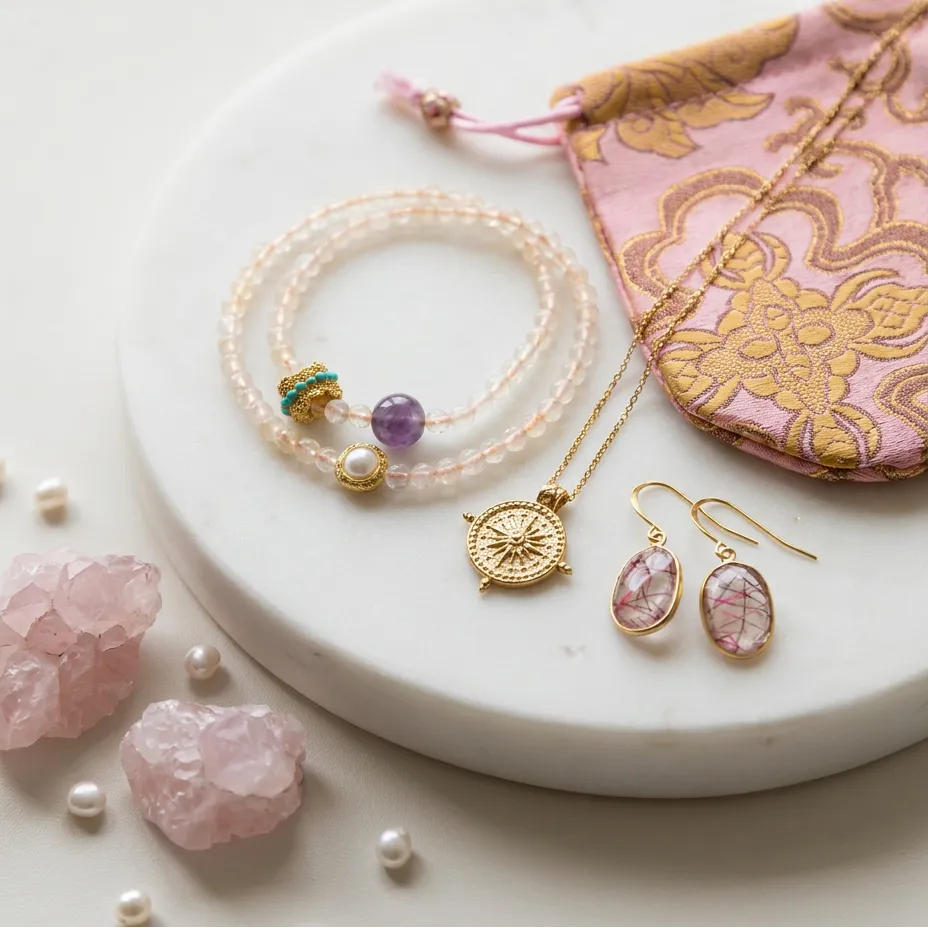 Jewelry set with pink stones on a marble surface, including bracelets, necklace, and earrings, with 'Mother's Day Giveaway' text.