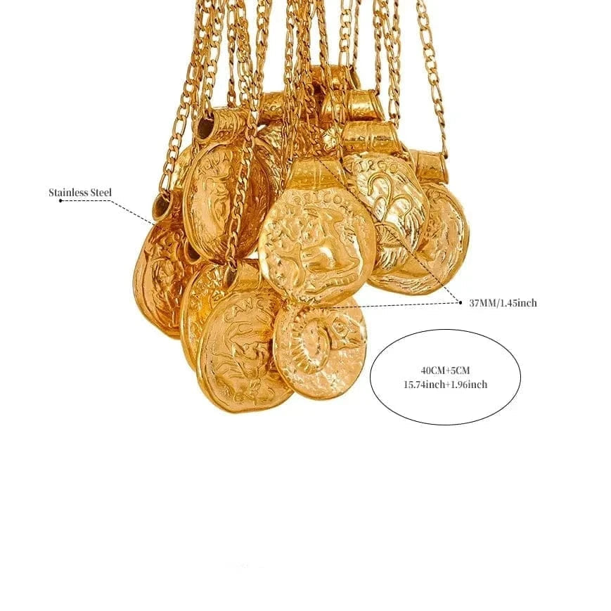 Gold necklaces with coin pendants on a white background