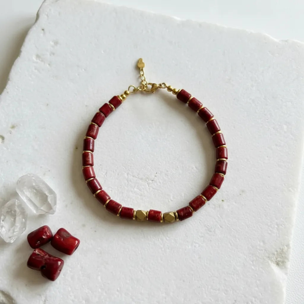 Dzi Bead, Coral & Brass red coral bracelet with adjustable extender, one-of-a-kind