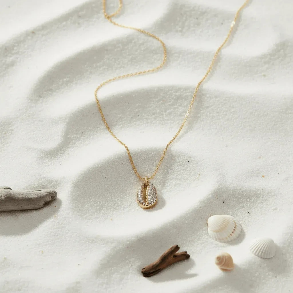 Gold necklace with a pendant on a sandy surface with shells and driftwood.