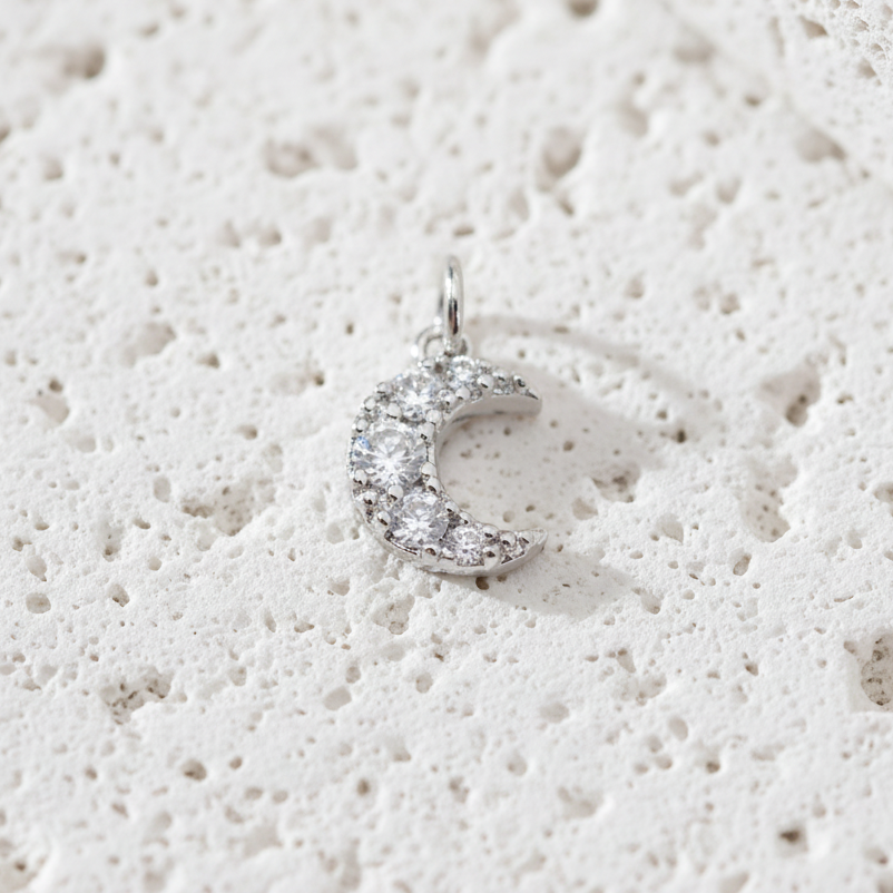 Silver plated crescent moon charm for crystal bracelets — symbol of cycles and intuition