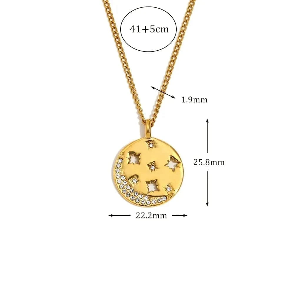 Gold necklace with star design, measurements, and material details on a white background