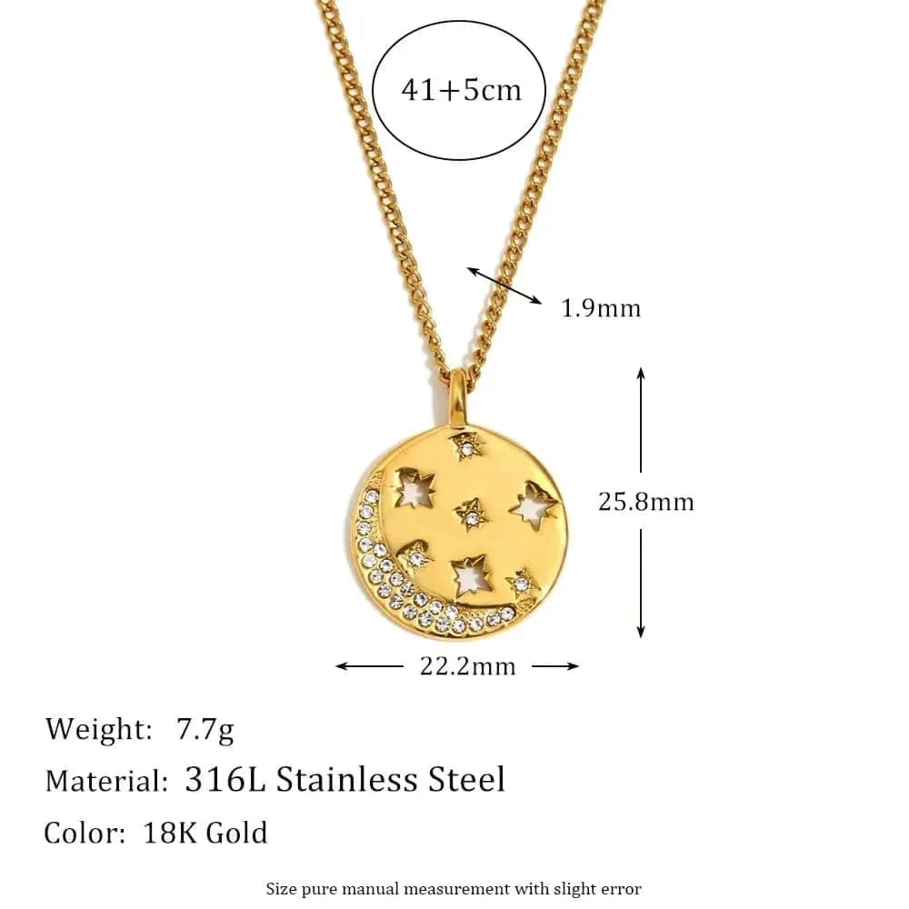 Gold necklace with star design, measurements, and material details on a white background