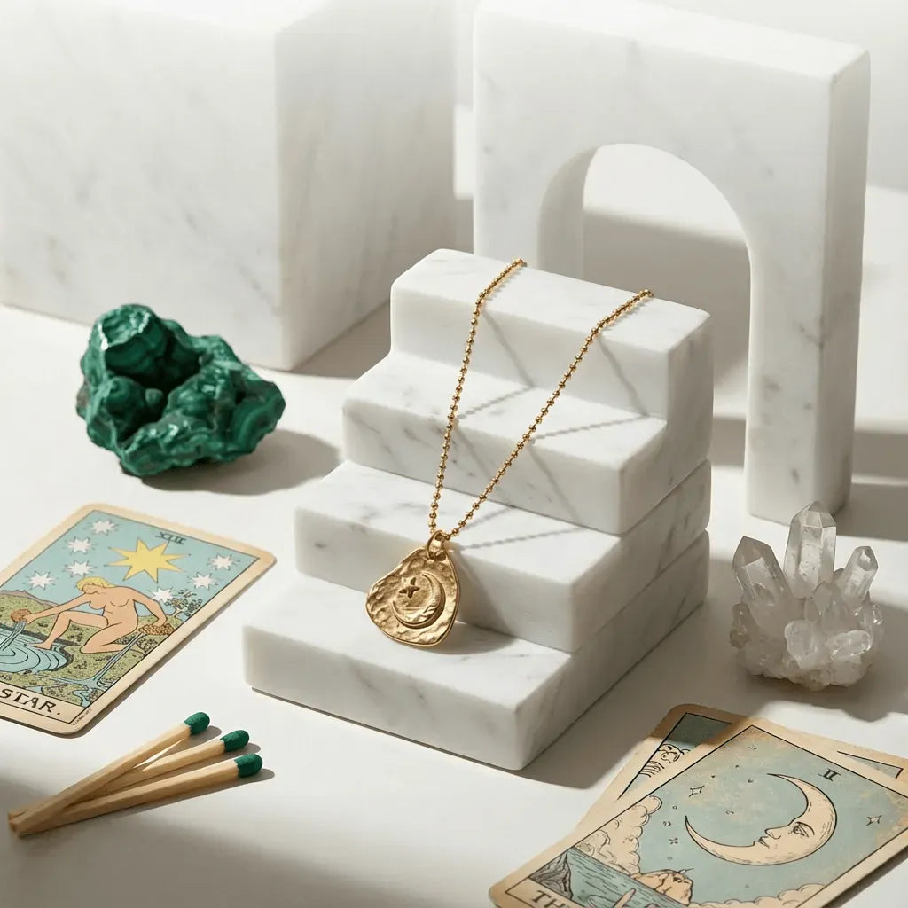 Gold necklace on a marble stand with tarot cards, crystals, and matches on a white surface.