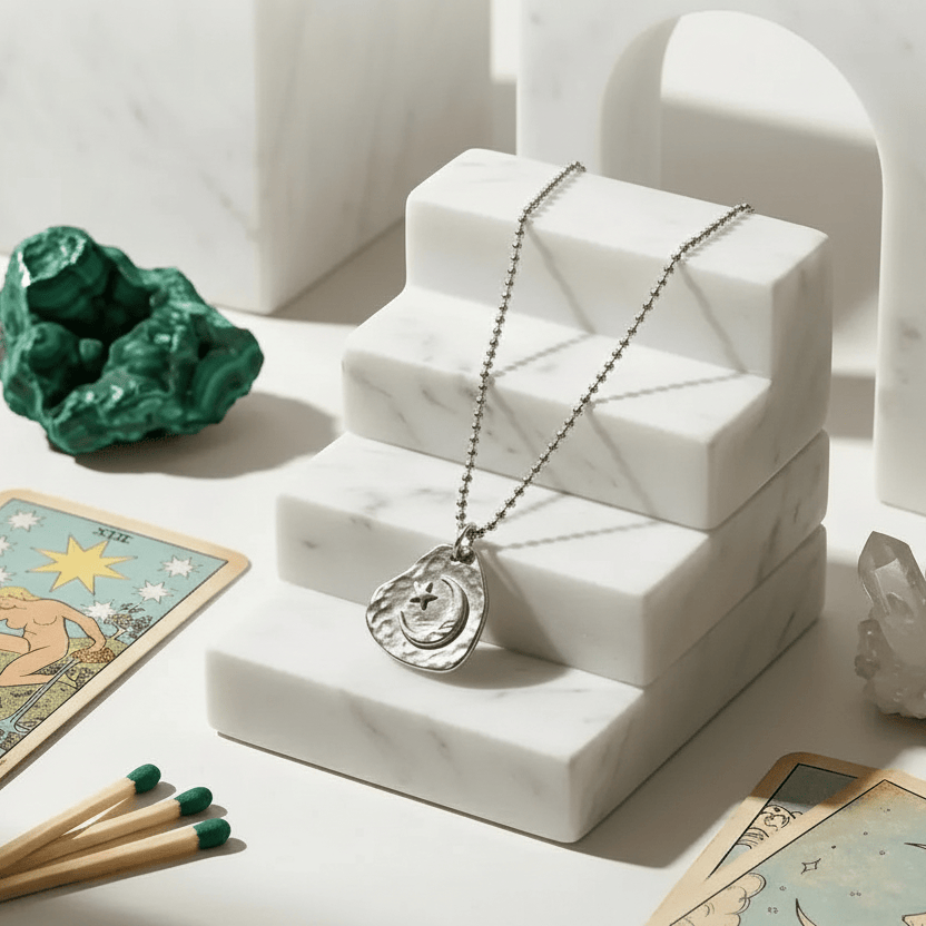 Silver necklace on a marble stand with tarot cards, matches, and crystals on a white surface