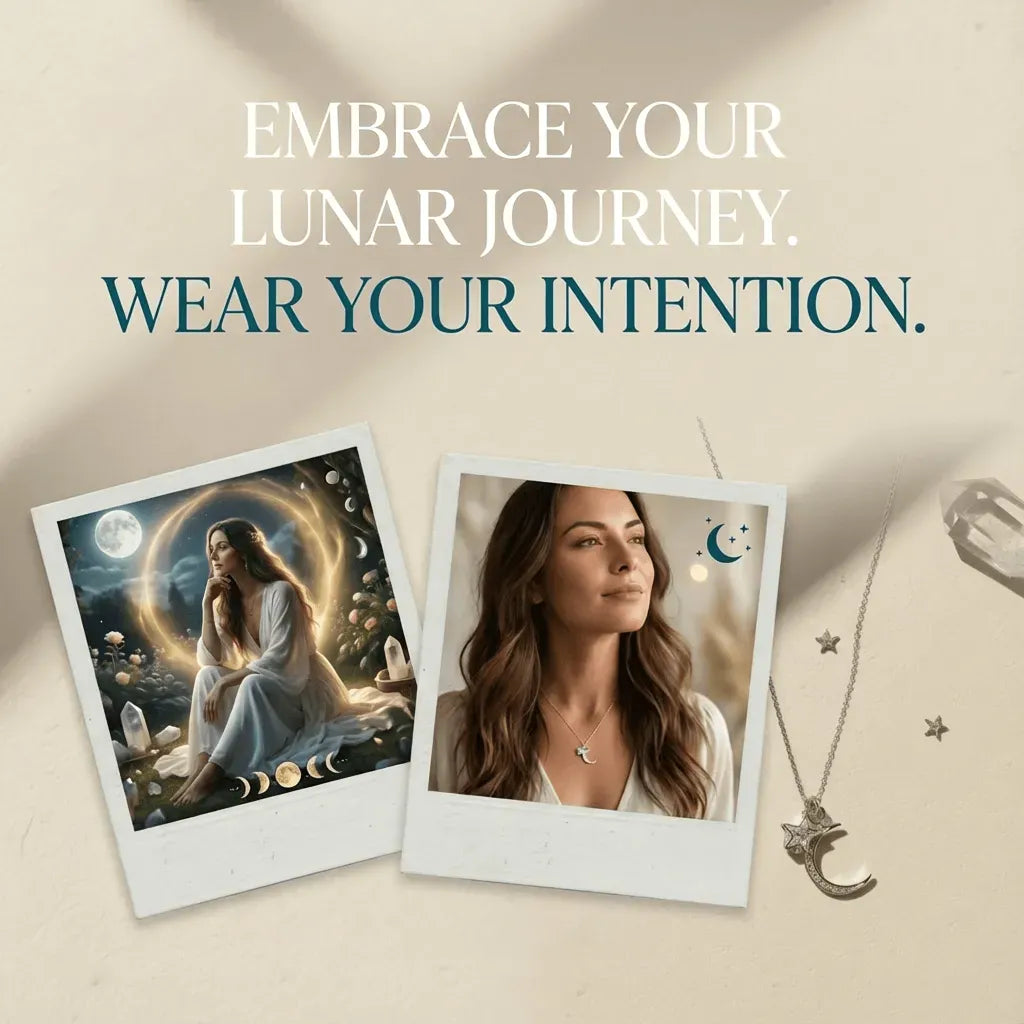 Promotional image with a woman, polaroid-style photo, and necklace on a beige background with motivational text.
