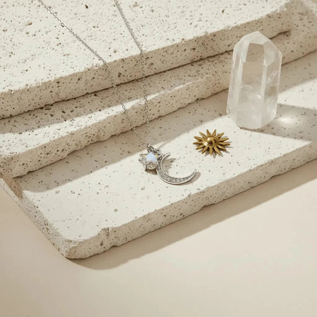 Jewelry on a stone surface with a crystal
