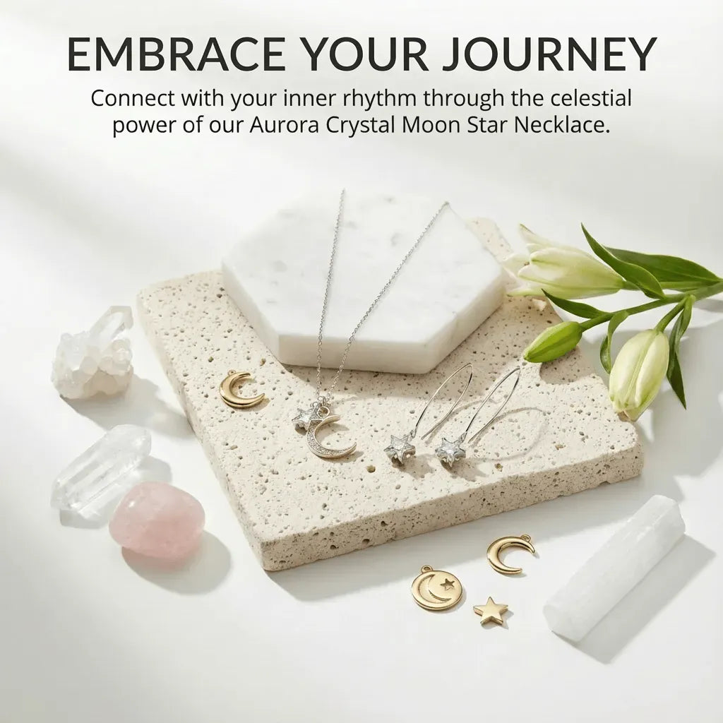 Jewelry set with necklaces, earrings, and decorative items on a white surface with text about the Aurora Crystal Moon Star Necklace.