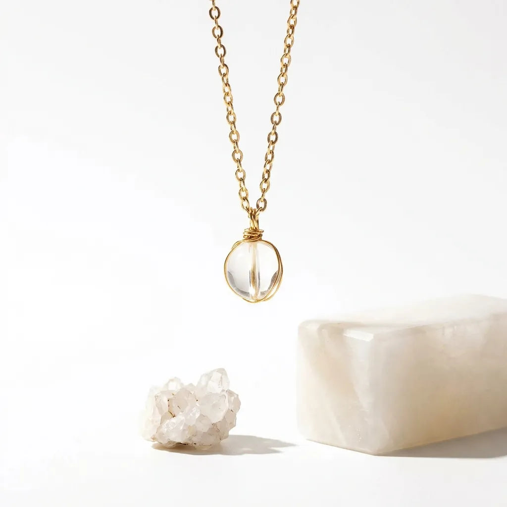 clear quartz gold necklace with a clear pendant on a white background