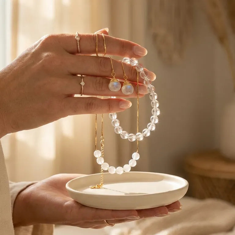 Person holding a string of pearls over a small dish with a soft, warm background