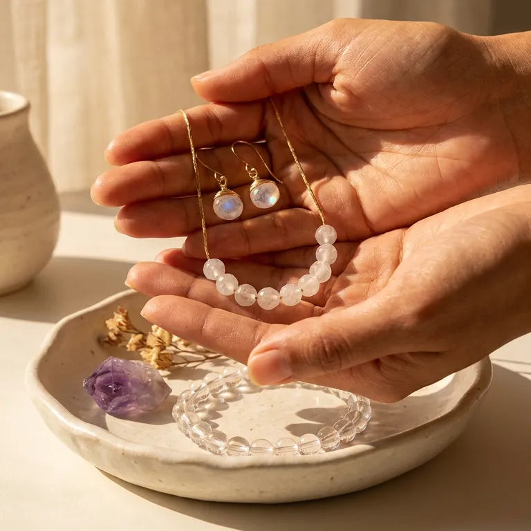 Person holding a set of earrings with a white dish below on a light background
