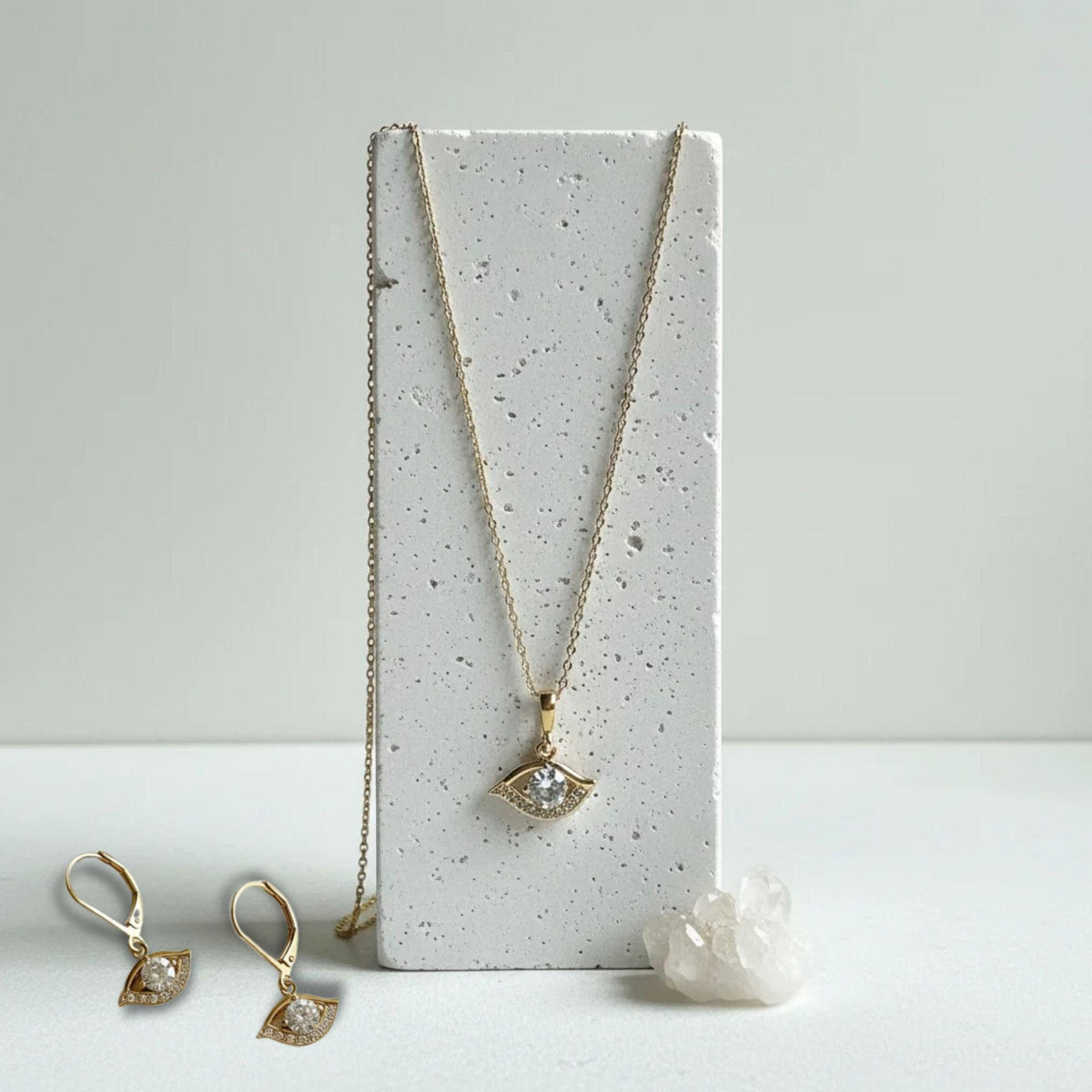 Crystal evil eye necklace and matching earrings set