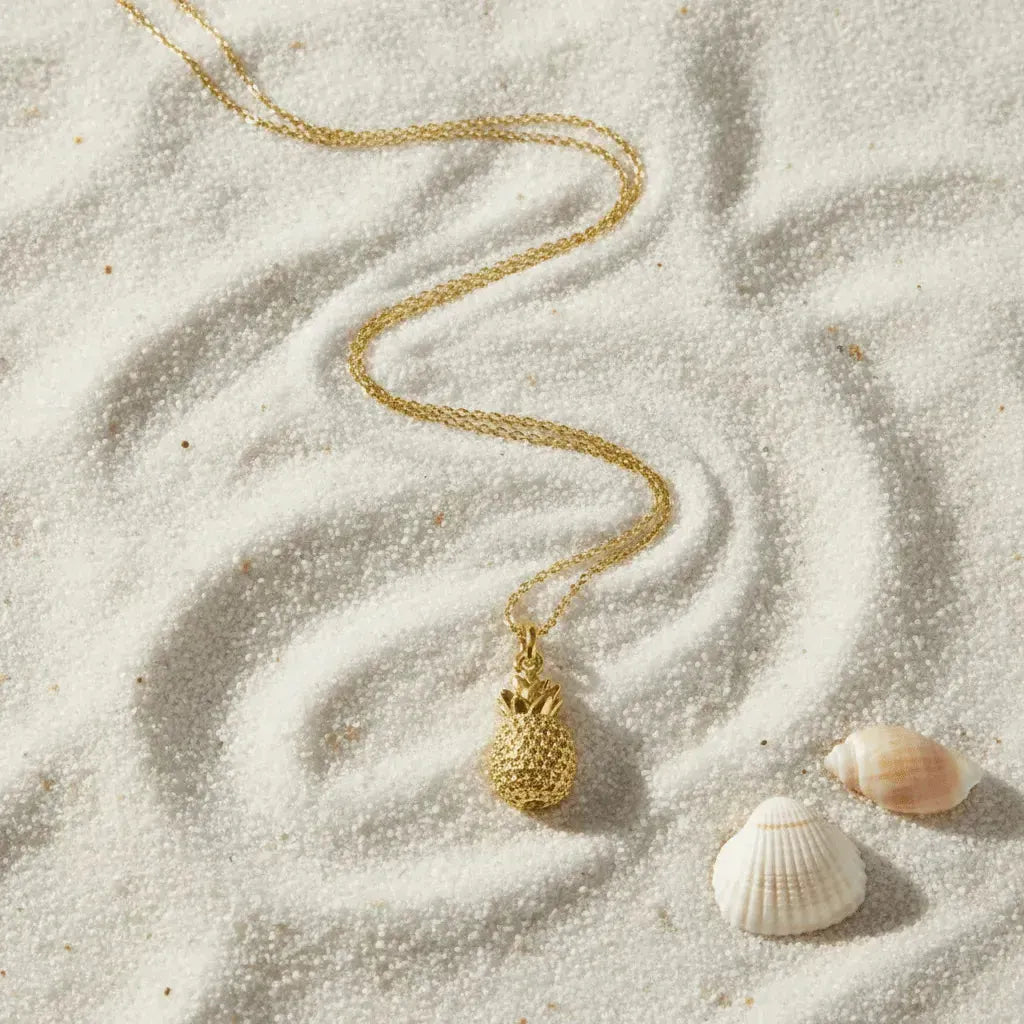 Gold pineapple pendant necklace on sand with shells