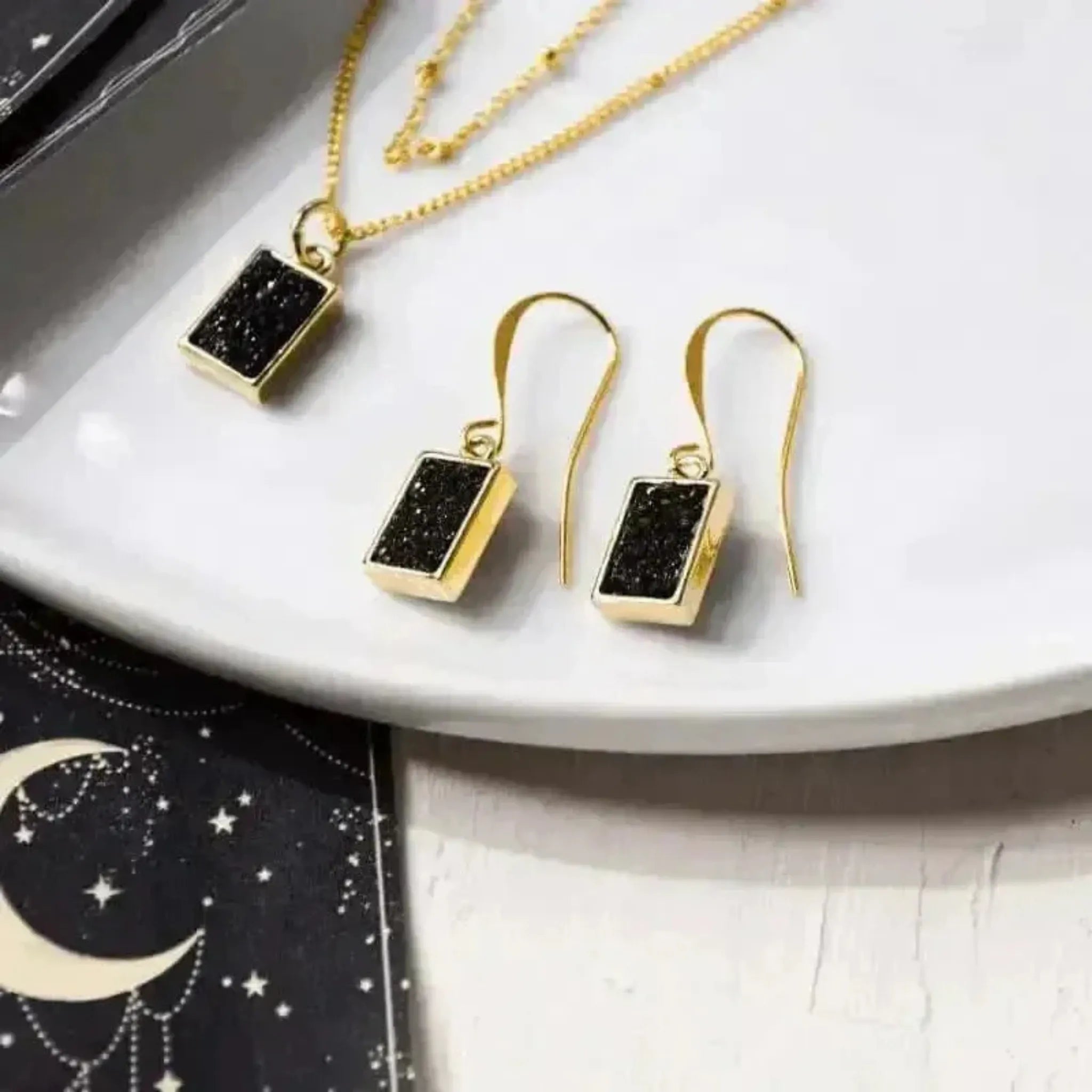 Druzy Rectangle Black Agate Earrings